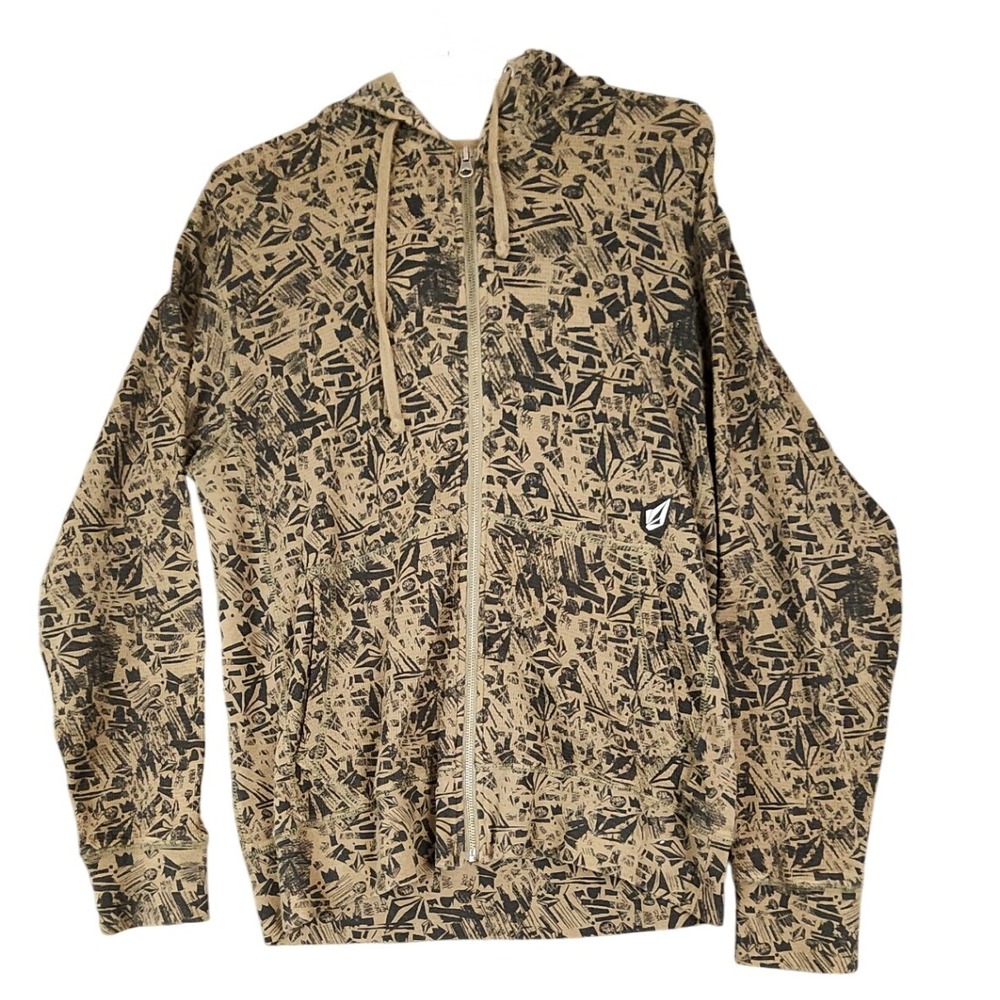 Volcom Trend Thermal Slim Zip Hoodie Jacket Medium Beige Black Pattern